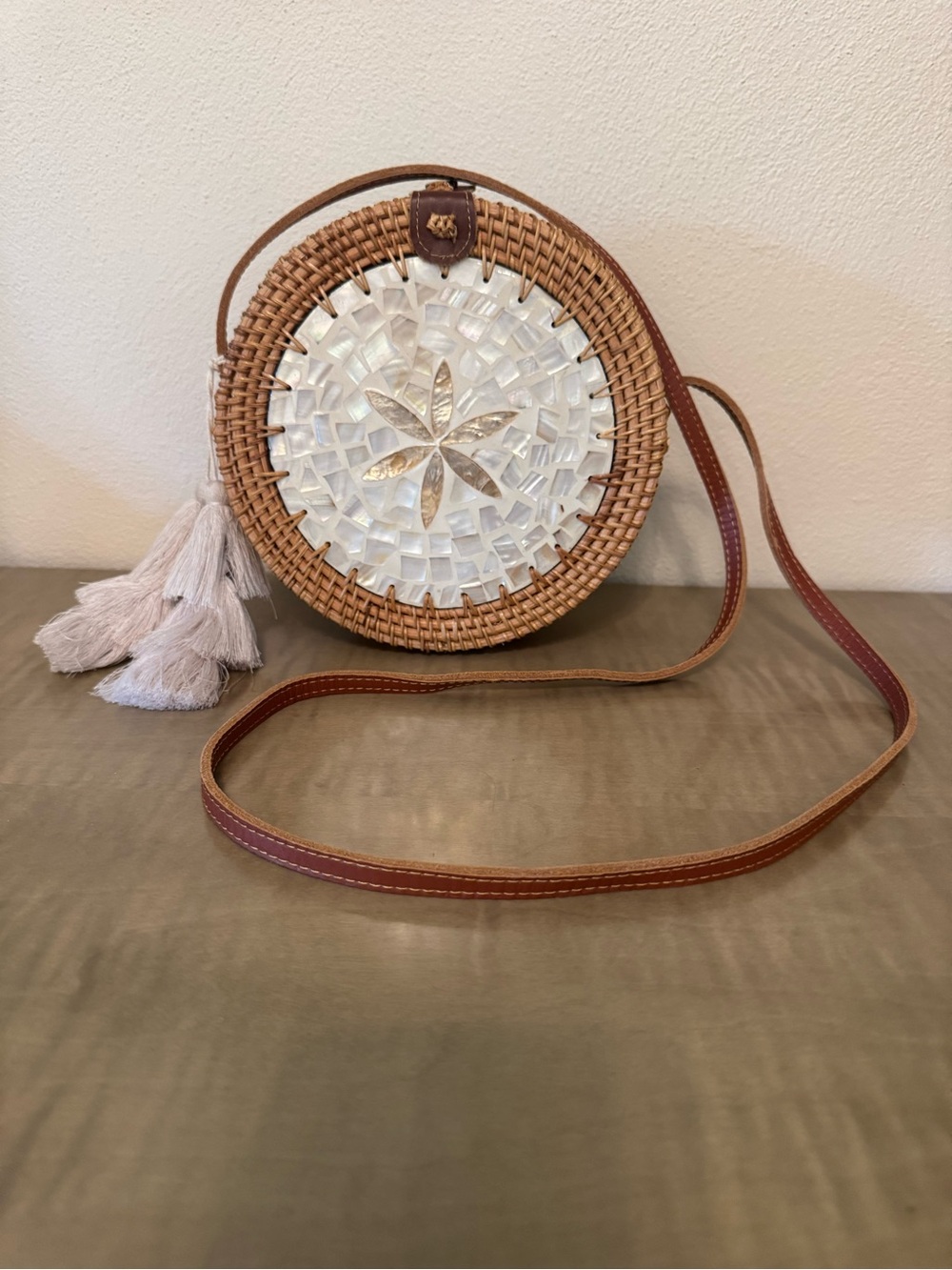 Rattan Handcrafted Mother Of Pearl Shell Round Crossbody With Leather Strap